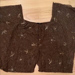 ZARA Brown Embroidered Wide-Leg Pants